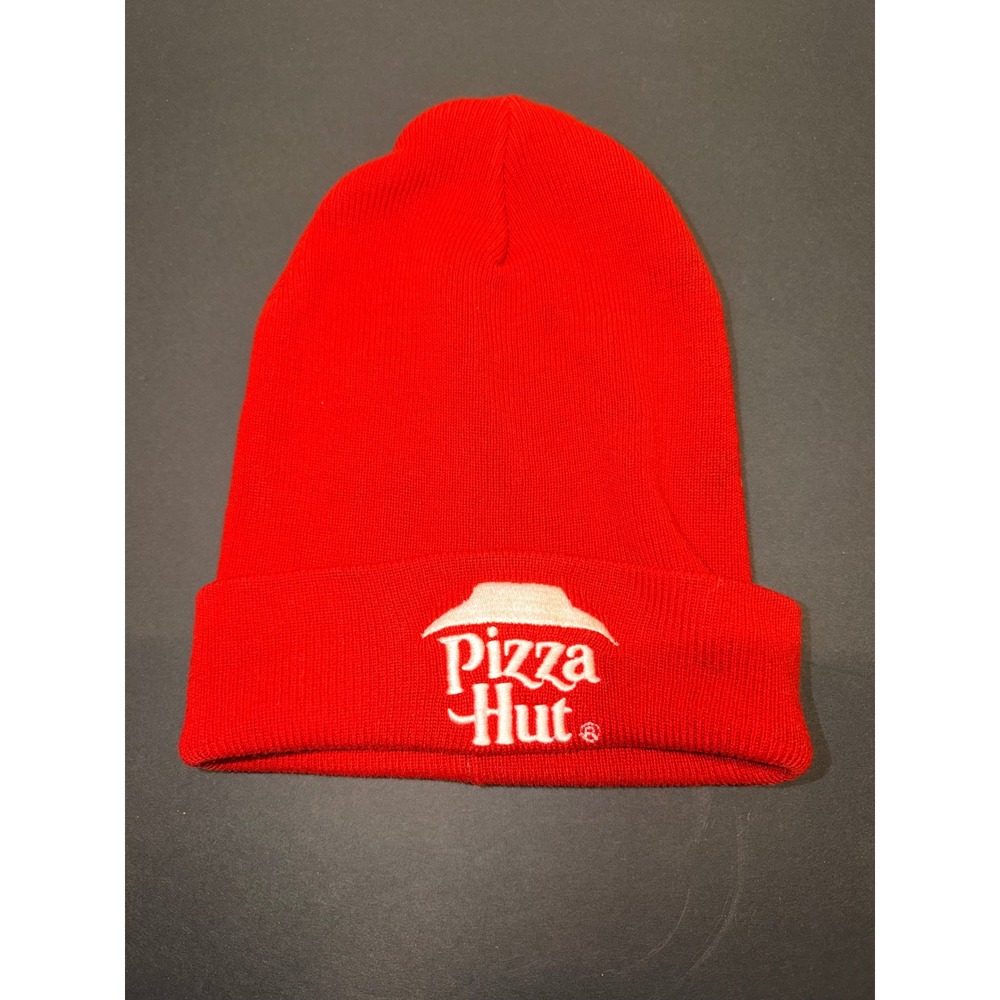Pizza Hut Employee Uniform Beanie Red Knit Cuffed Hat Embroidered Logo Mens OSFM